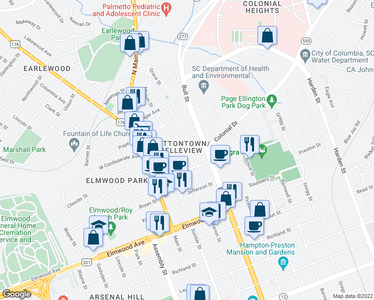 map of restaurants, bars, coffee shops, grocery stores, and more near 1408 Victoria Street in Columbia