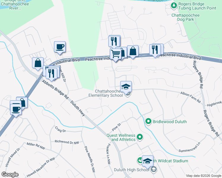 map of restaurants, bars, coffee shops, grocery stores, and more near 2940 Barnwood Crossing Northwest in Duluth