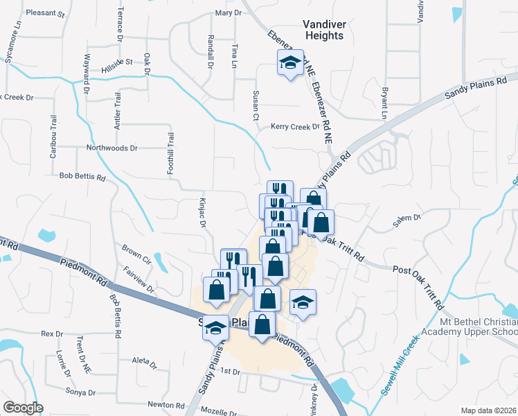 map of restaurants, bars, coffee shops, grocery stores, and more near 2753 Macby Avenue in Marietta