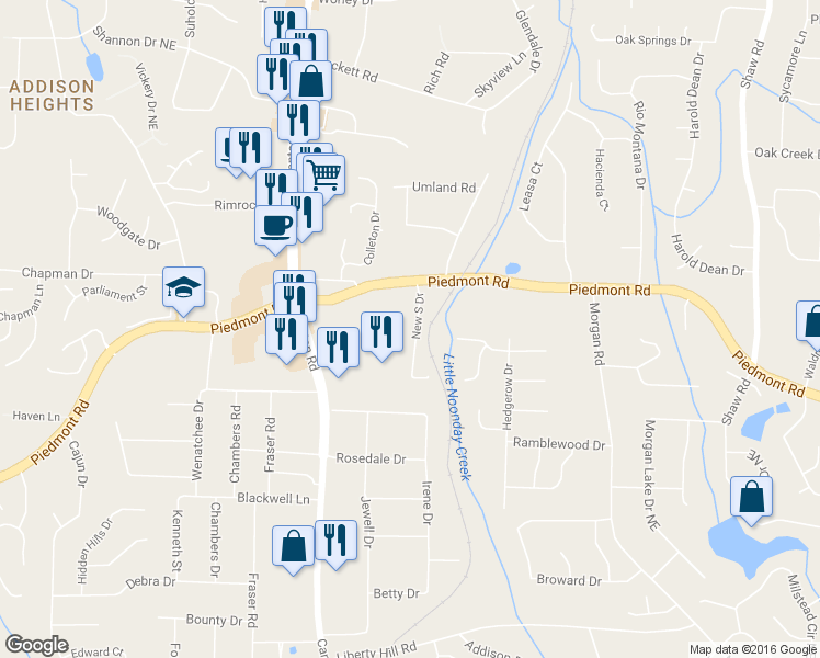map of restaurants, bars, coffee shops, grocery stores, and more near 2813 New South Drive in Marietta