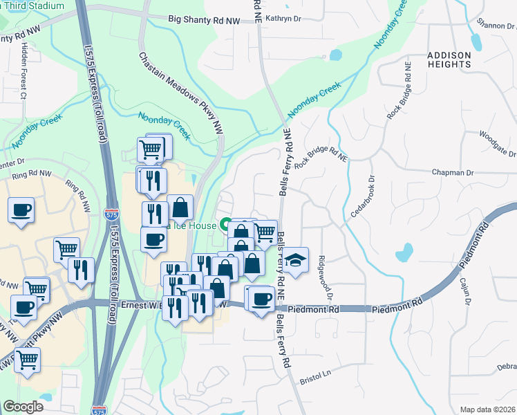 map of restaurants, bars, coffee shops, grocery stores, and more near 112 The Vintage Club in Marietta