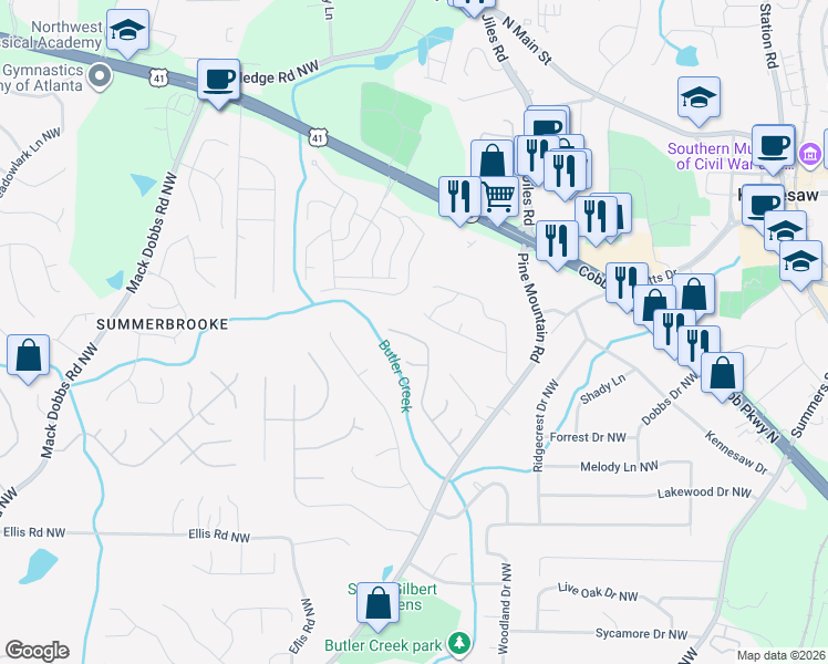map of restaurants, bars, coffee shops, grocery stores, and more near 7020 Wellcrest Way in Kennesaw
