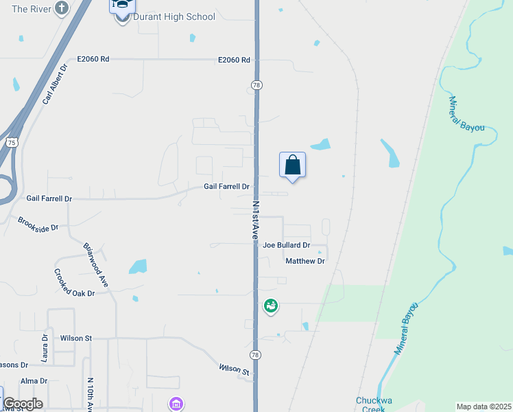 map of restaurants, bars, coffee shops, grocery stores, and more near 2847-2863 North 1st Avenue in Durant