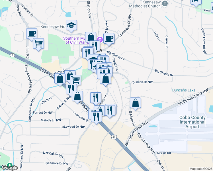 map of restaurants, bars, coffee shops, grocery stores, and more near Summers Street in Kennesaw
