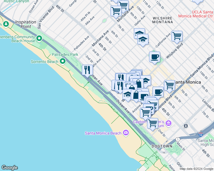 map of restaurants, bars, coffee shops, grocery stores, and more near 1033 Ocean Avenue in Santa Monica