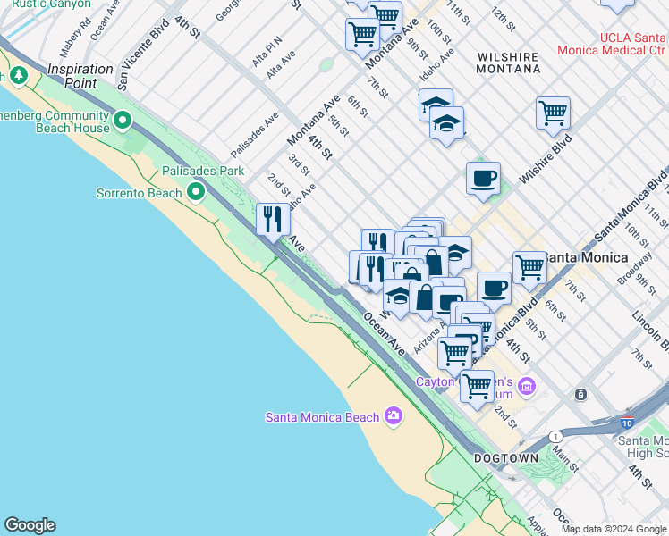 map of restaurants, bars, coffee shops, grocery stores, and more near 101 California Avenue in Santa Monica