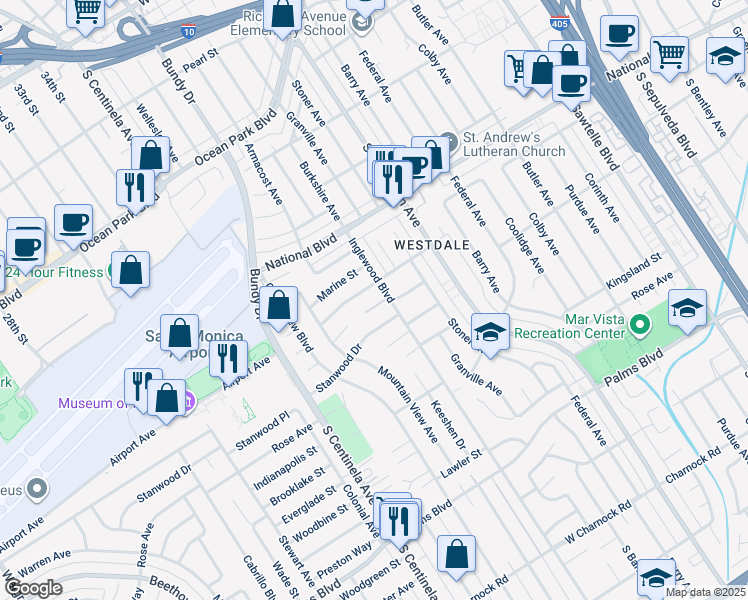 map of restaurants, bars, coffee shops, grocery stores, and more near 12013 Dewey Street in Los Angeles