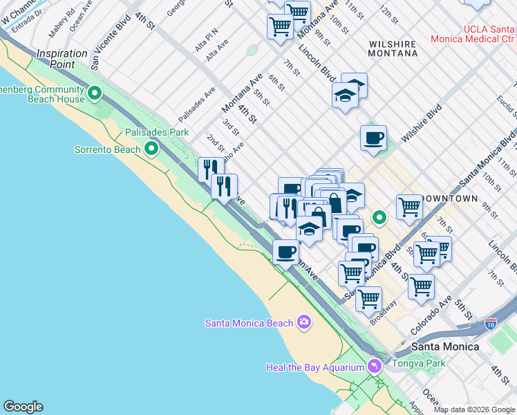 map of restaurants, bars, coffee shops, grocery stores, and more near 1033 Ocean Avenue in Santa Monica
