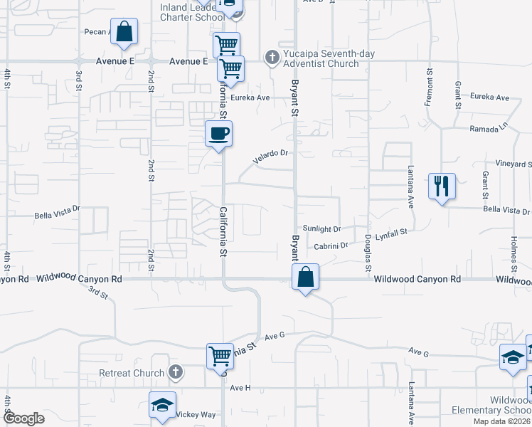 map of restaurants, bars, coffee shops, grocery stores, and more near 35215 Bella Vista Drive in Yucaipa