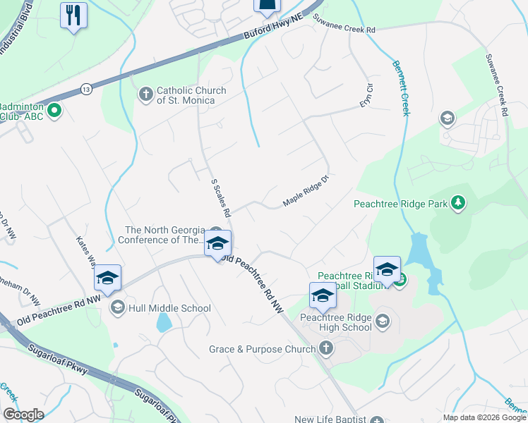 map of restaurants, bars, coffee shops, grocery stores, and more near 3315 Maple Ridge Court in Suwanee