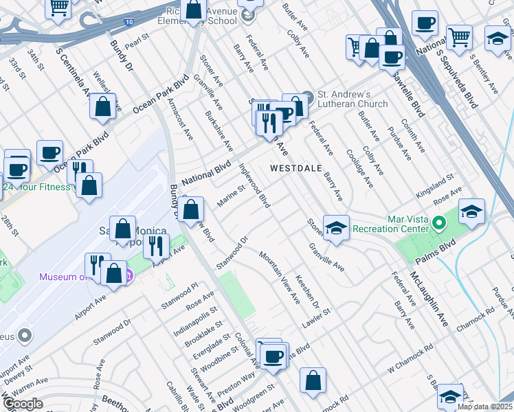 map of restaurants, bars, coffee shops, grocery stores, and more near 12013 Dewey Street in Los Angeles