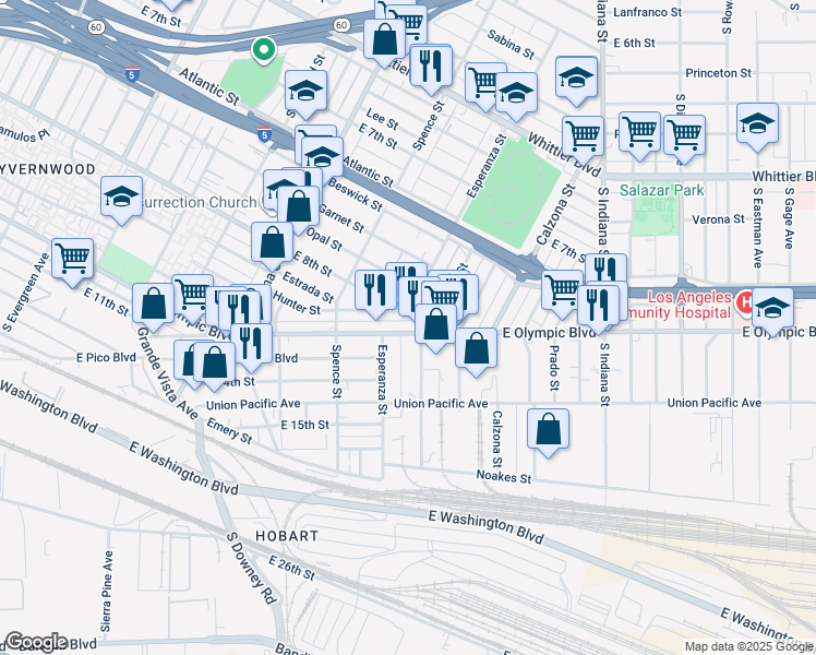 map of restaurants, bars, coffee shops, grocery stores, and more near 3624 East Olympic Boulevard in Los Angeles