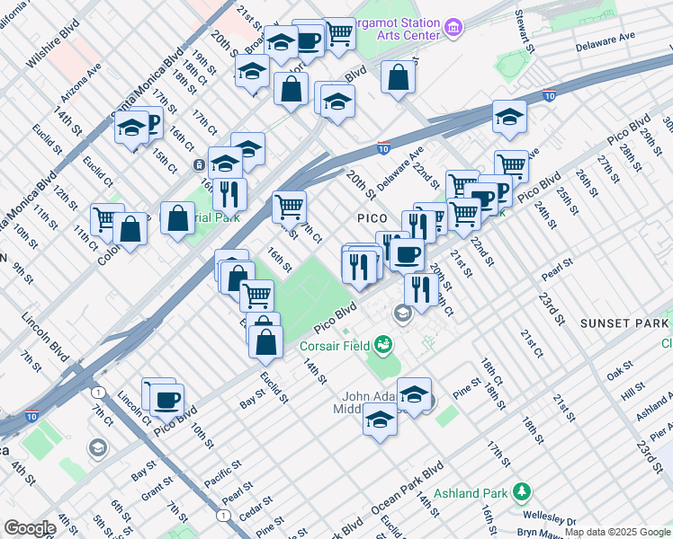map of restaurants, bars, coffee shops, grocery stores, and more near 1937 17th Street in Santa Monica