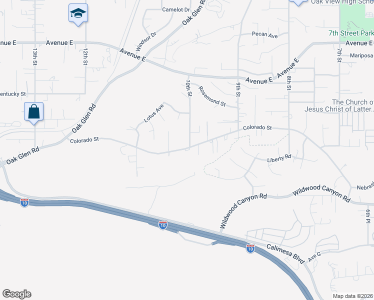 map of restaurants, bars, coffee shops, grocery stores, and more near 33293 Colorado Street in Yucaipa