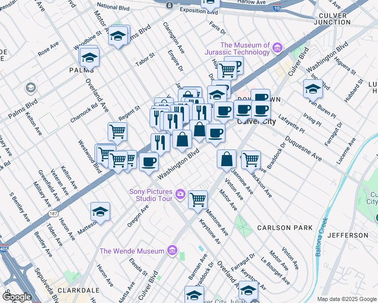 map of restaurants, bars, coffee shops, grocery stores, and more near 10375 Washington Boulevard in Culver City