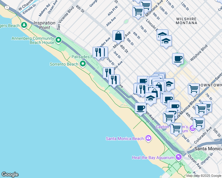 map of restaurants, bars, coffee shops, grocery stores, and more near 940 Palisades Beach Road in Santa Monica