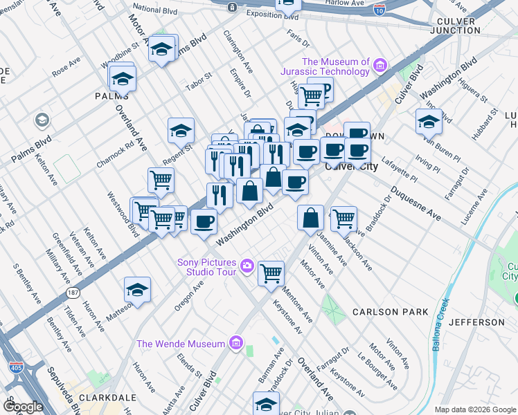 map of restaurants, bars, coffee shops, grocery stores, and more near 10375 Washington Boulevard in Culver City