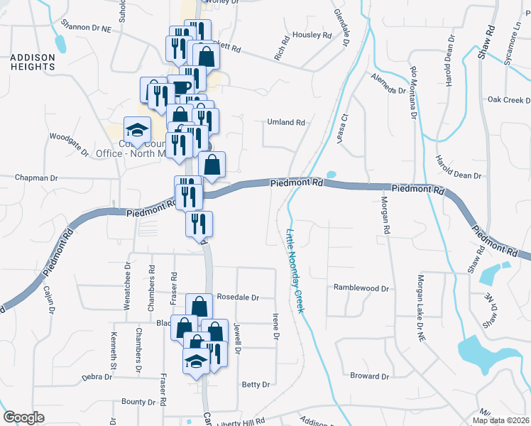 map of restaurants, bars, coffee shops, grocery stores, and more near 2813 New South Drive in Marietta