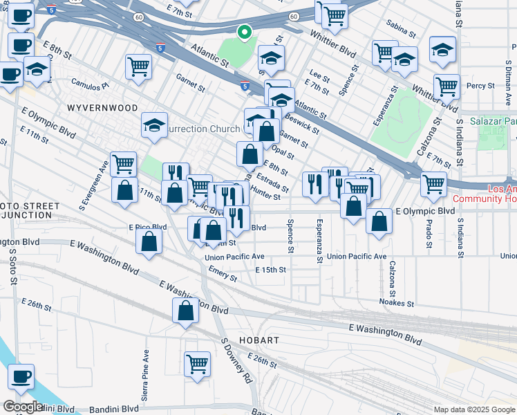 map of restaurants, bars, coffee shops, grocery stores, and more near 3412 East Olympic Boulevard in Los Angeles