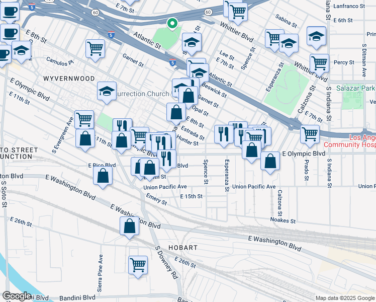 map of restaurants, bars, coffee shops, grocery stores, and more near 3412 East Olympic Boulevard in Los Angeles