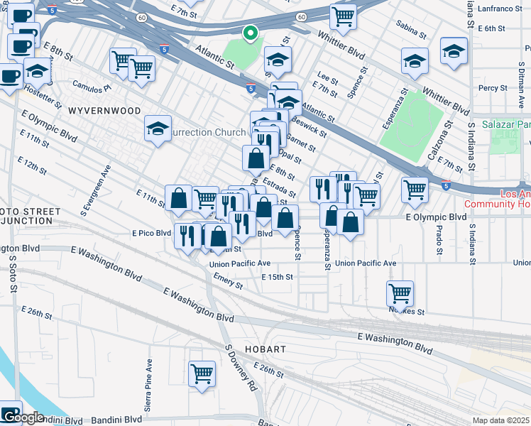 map of restaurants, bars, coffee shops, grocery stores, and more near 3409 East Olympic Boulevard in Los Angeles