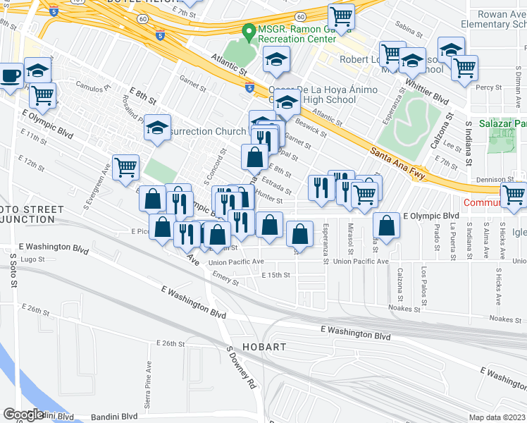 map of restaurants, bars, coffee shops, grocery stores, and more near 3409 East Olympic Boulevard in Los Angeles