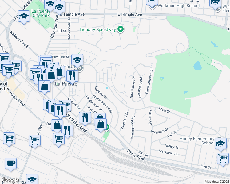 map of restaurants, bars, coffee shops, grocery stores, and more near 16401 Main Street in La Puente