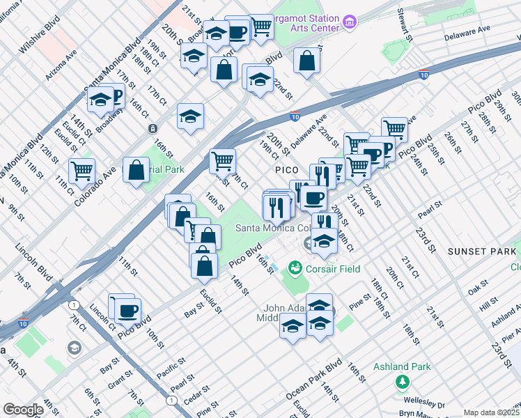 map of restaurants, bars, coffee shops, grocery stores, and more near 1937 17th Street in Santa Monica