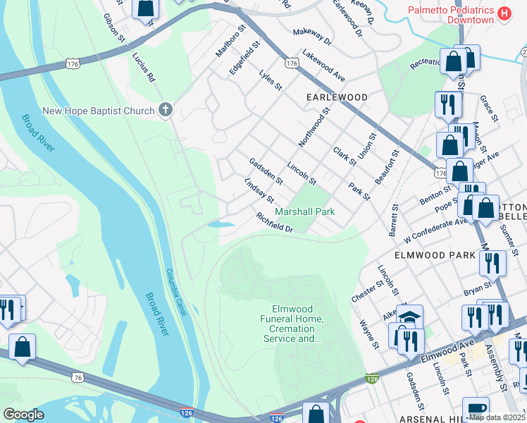 map of restaurants, bars, coffee shops, grocery stores, and more near 3005 Richfield Drive in Columbia