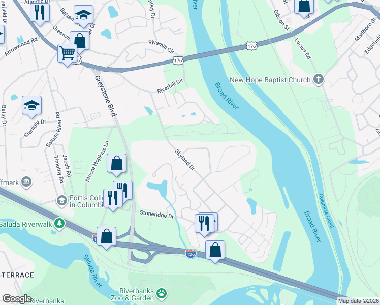 map of restaurants, bars, coffee shops, grocery stores, and more near 700 Skyland Drive in Columbia