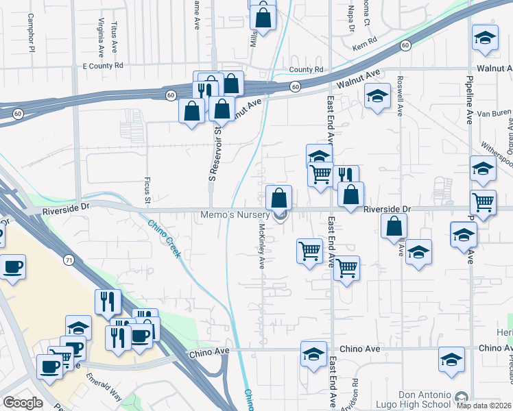 map of restaurants, bars, coffee shops, grocery stores, and more near 12880 McKinley Avenue in Chino