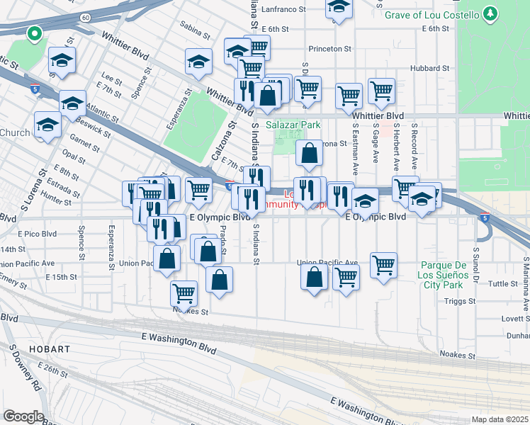 map of restaurants, bars, coffee shops, grocery stores, and more near 1209 1/2 South Indiana Street in Los Angeles