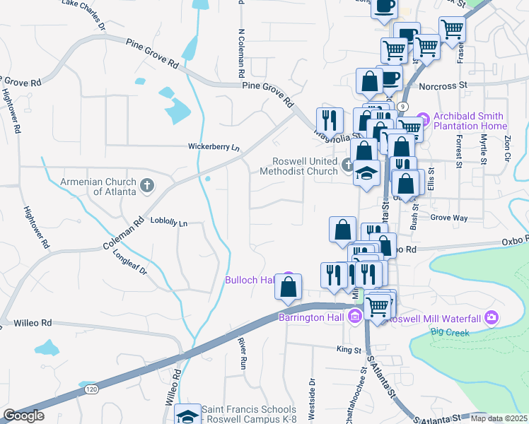 map of restaurants, bars, coffee shops, grocery stores, and more near 125 Roswell Farms Lane in Roswell