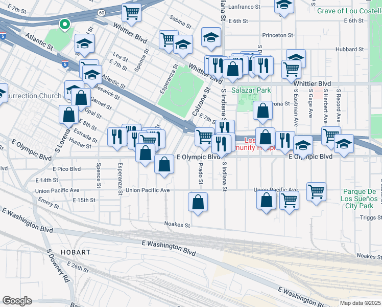 map of restaurants, bars, coffee shops, grocery stores, and more near 3730 East Olympic Boulevard in Los Angeles