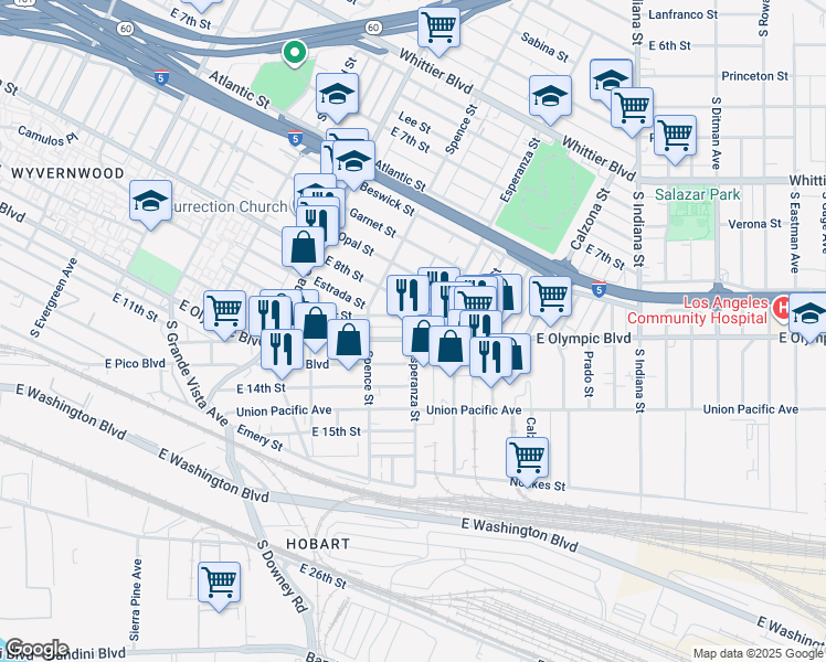 map of restaurants, bars, coffee shops, grocery stores, and more near 3534 East Olympic Boulevard in Los Angeles