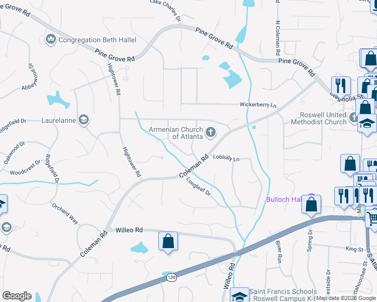 map of restaurants, bars, coffee shops, grocery stores, and more near 330 Farm Path in Roswell