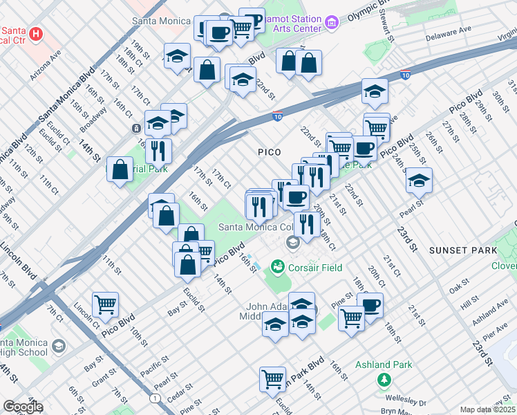 map of restaurants, bars, coffee shops, grocery stores, and more near in Santa Monica