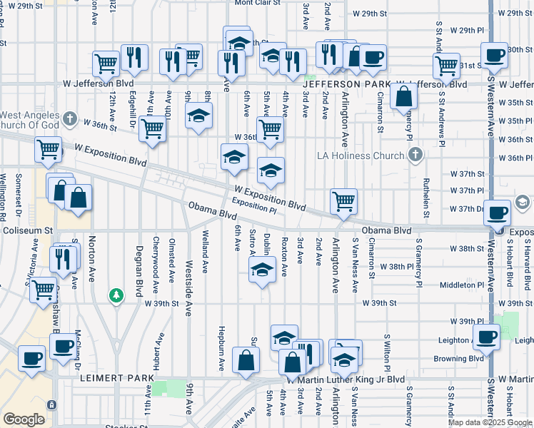 map of restaurants, bars, coffee shops, grocery stores, and more near 2432 Exposition Place in Los Angeles