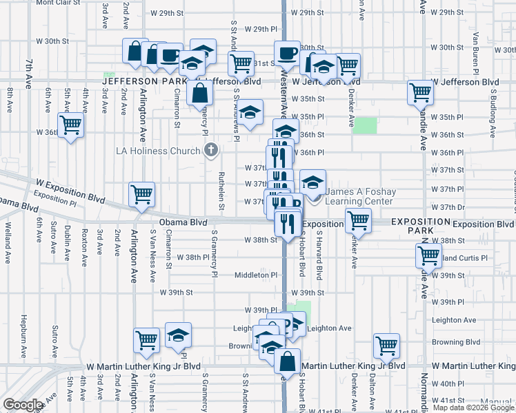 map of restaurants, bars, coffee shops, grocery stores, and more near 1671 West Exposition Boulevard in Los Angeles