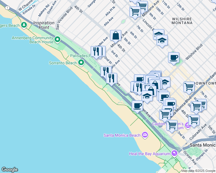 map of restaurants, bars, coffee shops, grocery stores, and more near 938 Palisades Beach Road in Santa Monica