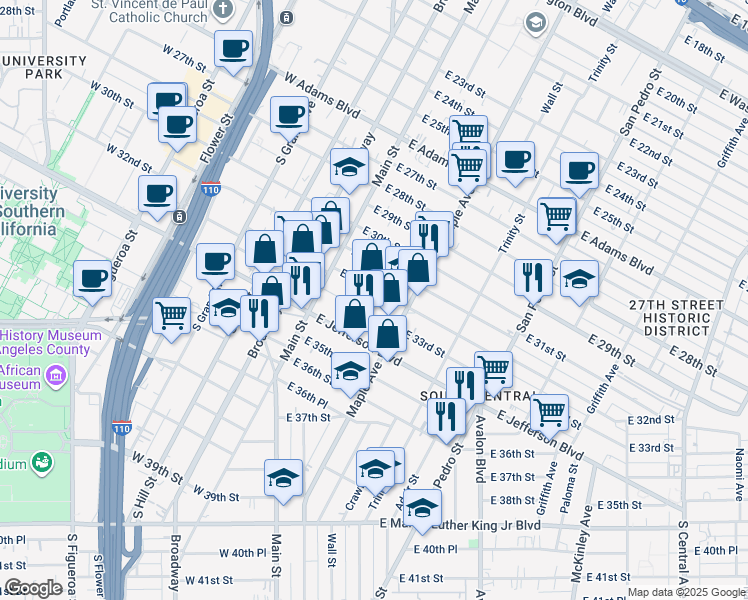 map of restaurants, bars, coffee shops, grocery stores, and more near 157 East Jefferson Boulevard in Los Angeles
