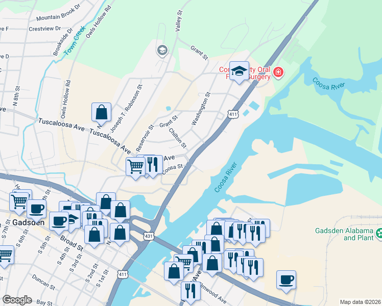 map of restaurants, bars, coffee shops, grocery stores, and more near 305 River Street in Gadsden