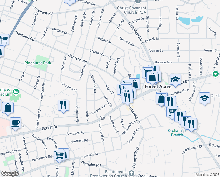 map of restaurants, bars, coffee shops, grocery stores, and more near 1732 Boyer Drive in Columbia