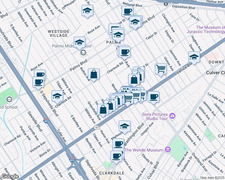 map of restaurants, bars, coffee shops, grocery stores, and more near 3701 Westwood Boulevard in Los Angeles