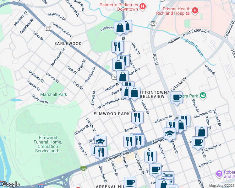 map of restaurants, bars, coffee shops, grocery stores, and more near 1106 Pope Street in Columbia