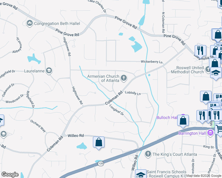map of restaurants, bars, coffee shops, grocery stores, and more near 330 Farm Path in Roswell