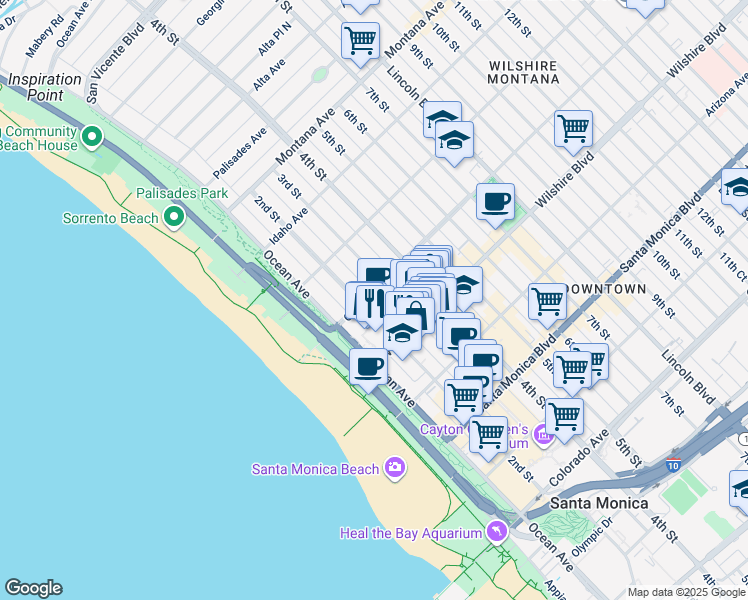map of restaurants, bars, coffee shops, grocery stores, and more near 101 Wilshire Boulevard in Santa Monica