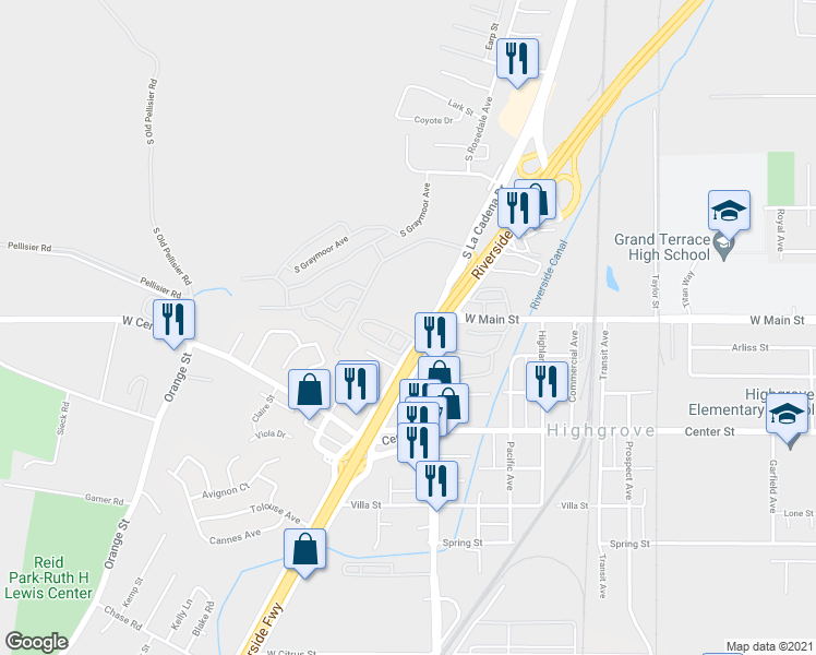 map of restaurants, bars, coffee shops, grocery stores, and more near 103 West La Cadena Drive in Riverside