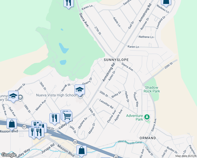 map of restaurants, bars, coffee shops, grocery stores, and more near 3218 Sunset Way in Riverside
