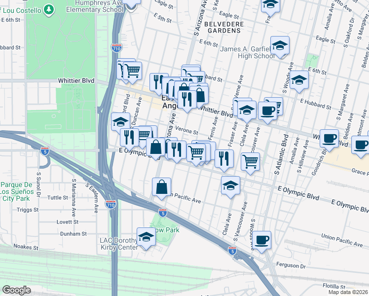 map of restaurants, bars, coffee shops, grocery stores, and more near in East Los Angeles